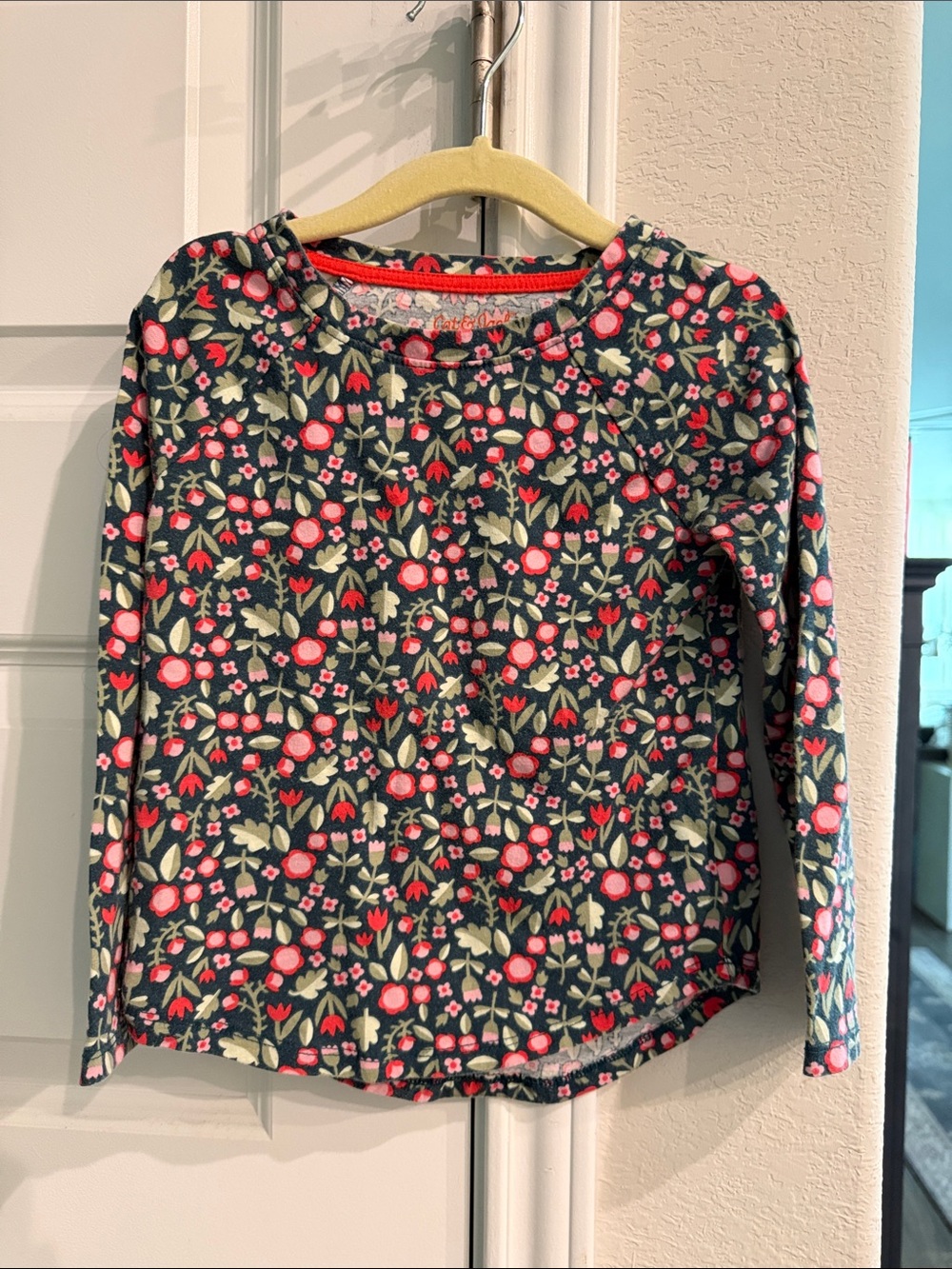 Girls' Cat & Jack Floral Long-Sleeve Top - Navy with Pink & Cream Flowers 4T